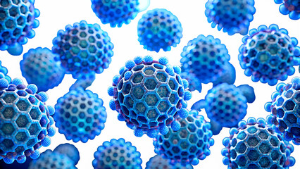 A cluster of blue virus cells with hexagonal structures, representing infection and spread of disease isolated on transparent background