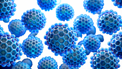 A cluster of blue virus cells with hexagonal structures, representing infection and spread of disease isolated on transparent background