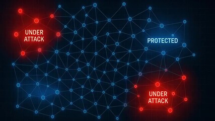 A digital network visual representation highlighting nodes under attack and protected areas, showcasing cybersecurity threats.