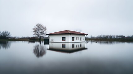 Obraz premium Isolated house surrounded by tranquil water reflecting a cloudy sky with a serene atmosphere