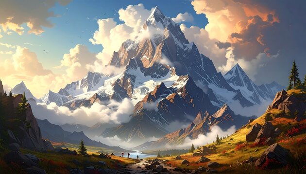 Stunning Landscape Painting of Majestic Mountains, Clouds, and Nature