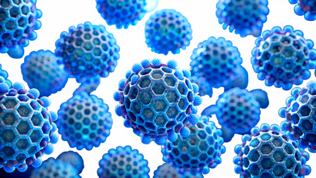 A cluster of blue virus cells with hexagonal structures, representing infection and spread of disease isolated on transparent background