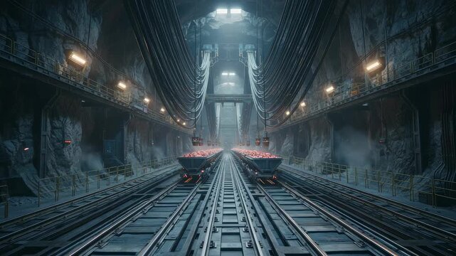 Industrial mining rail network showing suspension cables above cart rails as ore is moved rapidly through vast underground chambers.