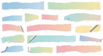 Collection of colorful torn paper strips with rough edges on a black background