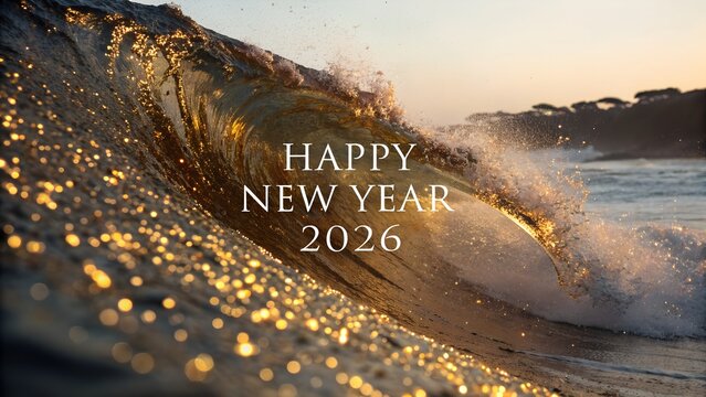 Golden wave crashes on the shore at sunrise with the text happy new year 2026 overlaid, symbolizing new beginnings and celebration