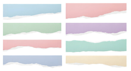 Fototapeta premium Collection of eight pastel colored torn paper strips with rough edges on a black background