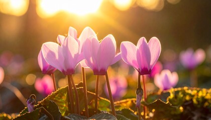 Pink Cyclamen Flowers Blooming in Sunlight with Green Leaves.