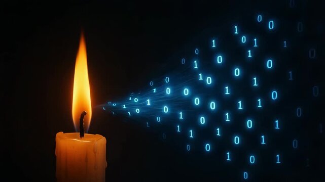 A candle flame illuminating a stream of binary code, symbolizing the intersection of tradition and modern technology. - Powered by Adobe
