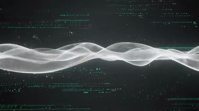 Abstract digital illustration of a wavy white particle structure on a dark background with tiny glowing dots