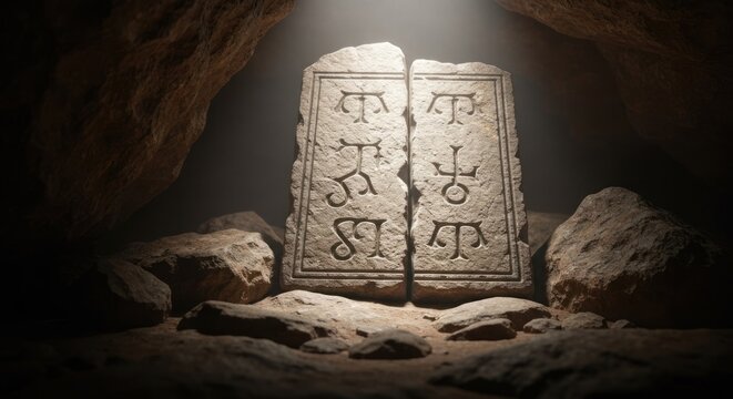 Illuminated stone tablet with carved symbols in a cave. Broken, bathed in light