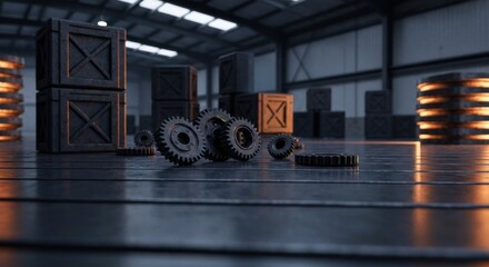 Industrial scene depicts gears, crates, and glowing accents inside a metal warehouse