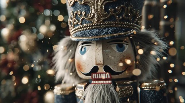 The Nutcracker on the background of the Christmas market on the street.