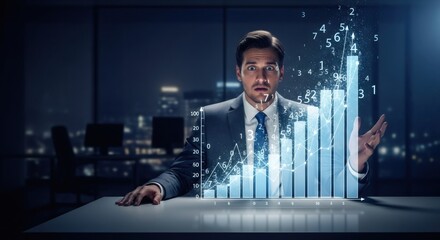 Man looking with wide eyes at increasing financial bar chart in a modern office at night. Business growth and financial success concept.