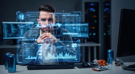 Man analyzing virtual data on a futuristic interface. Cybersecurity expert working with hud elements. Digital world and coding concept.