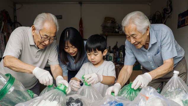 A multi-generational Asian family, including a grandparent, parent, and child, work together in their garage to sort various types of recycling - Powered by Adobe