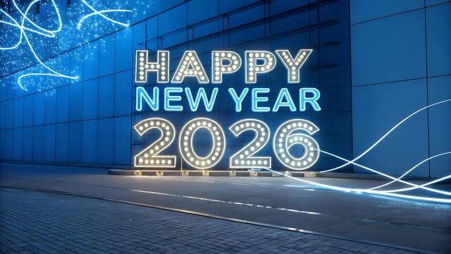 Happy new year 2026 illuminated sign in a futuristic blue cityscape with light trails, celebrating the upcoming year - Powered by Adobe