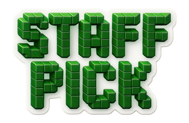 Obraz premium Green block-style sticker with STAFF PICK text in playful lettering, vibrant retail promotion on transparent background.