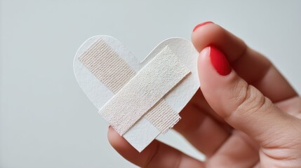 Paper heart with adhesive bandage in female hand, symbol of broken love, healing and emotional support, close-up concept, no people