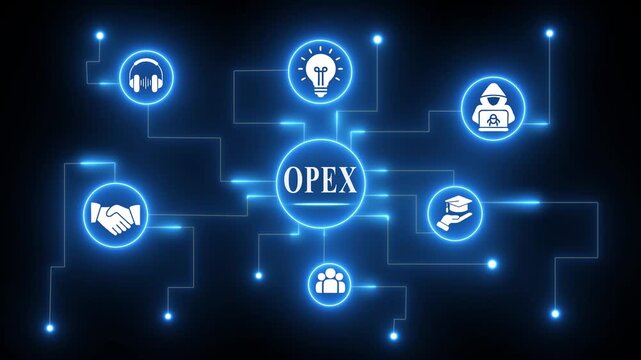 OPEX Operational Expenditure Network Diagram with Icons and Glowing Lines on Dark Blue Background