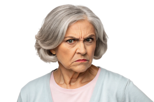 Angry Grandma cutout, transparent image.png. Doubt. Dislike. Hate. Prejudice. Arrogance. Malice.