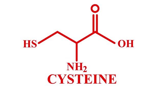 Cysteine molecule structure with chemical formula on white and background