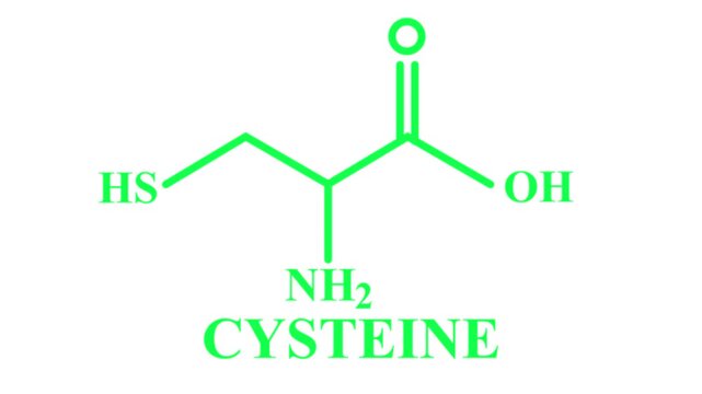 Cysteine molecule structure with chemical formula on white and background