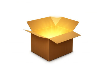 Cardboard box opening with glowing light inside, symbolizing ideas, surprise, magic, and new opportunities