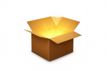 Cardboard box opening with glowing light inside, symbolizing ideas, surprise, magic, and new opportunities