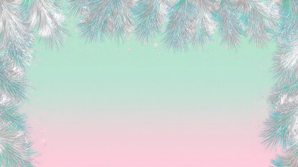 Illustration in the form of a New Year&rsquo;s festive banner with an image in pastel green and violet pine branches on turquoise background with white space in the upper part of the frame, light sky blue a