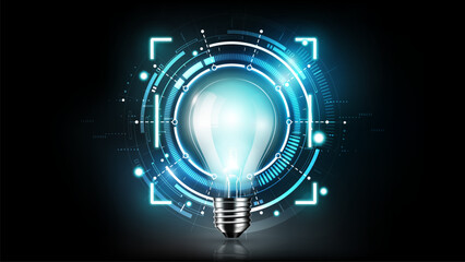 Futuristic Light Bulb with Digital Interface Representing Innovation and Smart Technology Concept