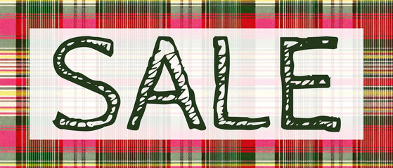 Christmas plaid SALE banner, festive checkered background with bold SALE text in frame, holiday shopping promotion template