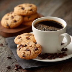 A Warm and Inviting Scene of Chocolate Chip Cookies with a Hot Cup of Coffee on a Rustic Table