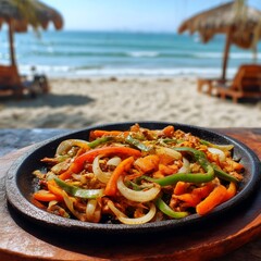 A Sizzling Hot Cast Iron Platter of Delicious Fajitas Served at a Tropical Beachside Restaurant