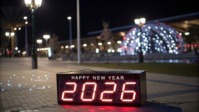 Digital clock displaying 2026 with happy new year text, set against a blurred background of city lights and decorations at night