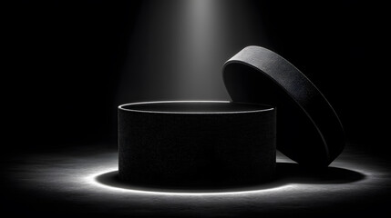 Empty Open Black Box with a Texture in a Spotlight for a Luxury Gift Product Display
