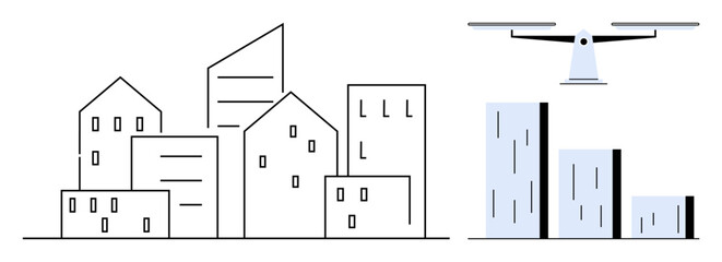 quadcopter flying over cityscape of varied buildings, symbolizing urban planning, innovation, logistics, and technology. Ideal for construction, delivery, smart cities, surveillance innovation