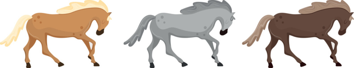 set of icons of the symbol of the New Year, namely horses with a tilted head and a bent leg in different colors, for social media templates, thematic design or stickers