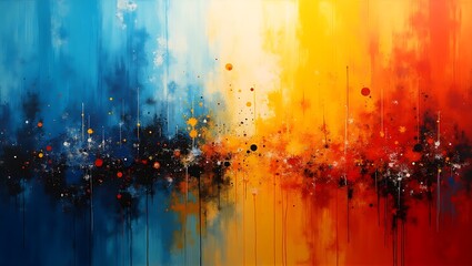 Vibrant abstract painting with splashes of blue yellow and red