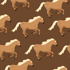seamless pattern with yellow horses galloping, which are a symbol of the Chinese New Year 2026 on a brown background, for New Year textiles, packaging or templates for New Year cards