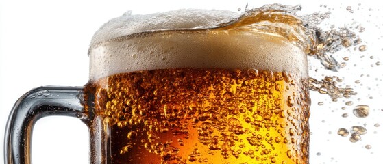 Glass mug of beer with foam and splash, isolated on white background, refreshing drink with bubbles, no people