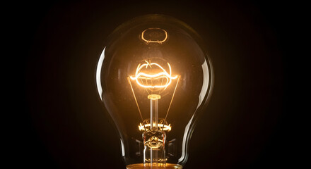 A close up shot of a glowing light bulb with a visible filament against a dark background scene view
