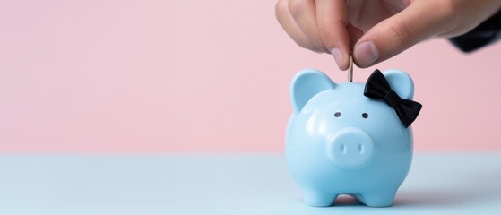 Blue piggy bank with black bow, hand putting coin into savings box on pastel background, money saving and finance concept, no people