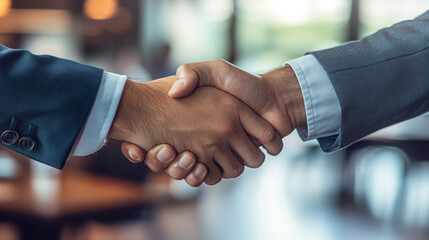 Close-up of business handshake between professionals in an office, symbolizing teamwork, successful negotiations, and business mergers or acquisitions.
