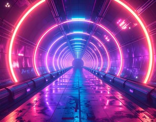 Futuristic tunnel with vibrant neon rings