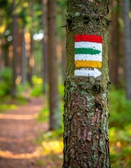 Trail Marker on a Tree in a Forest