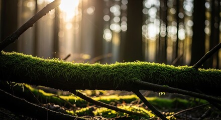 Sunlight filters through a moss covered fallen tree trunk