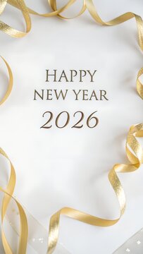 Happy new year 2026 text with golden ribbon decoration isolated on white background