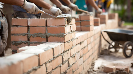 Obraz premium Bricklayers meticulously constructing a wall, laying bricks with mortar for a sturdy structure. Construction and skilled labor are evident.