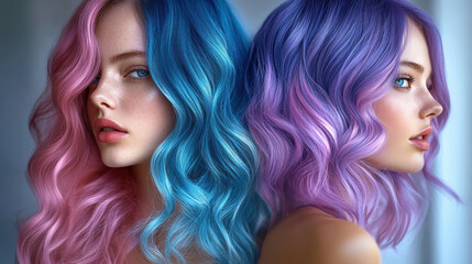 Fototapeta premium Captivating young women showcase vibrant pink and blue, then purple and lavender ombre hairstyles with striking blue eyes and flawless skin, embodying modern beauty and style.