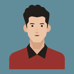 Flat design portrait of a young man with dark hair and a serious expression, illustration of a young Asian man a serious expression, wearing a dark blue t-shirt against a burnt orange background.